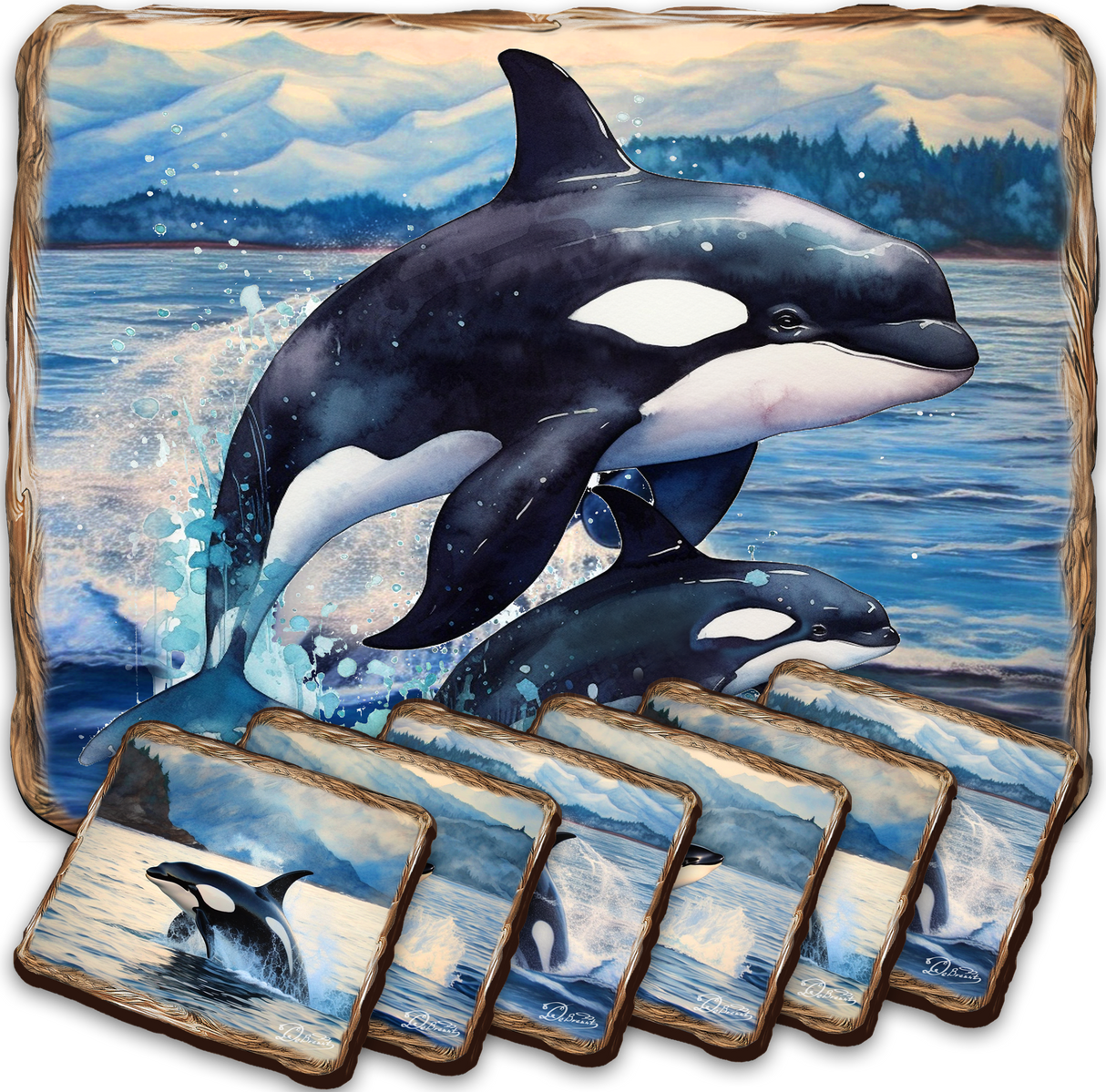 Playful Orcas Wooden Cork Placemat and Coasters Gift Set of 7 by Nature Wonders Coastal Nature Wildlife Décor  - 85412C-S7