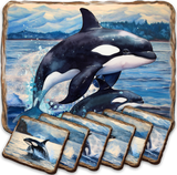 Playful Orcas Wooden Cork Placemat and Coasters Gift Set of 7 by Nature Wonders Coastal Nature Wildlife Décor  - 85412C-S7