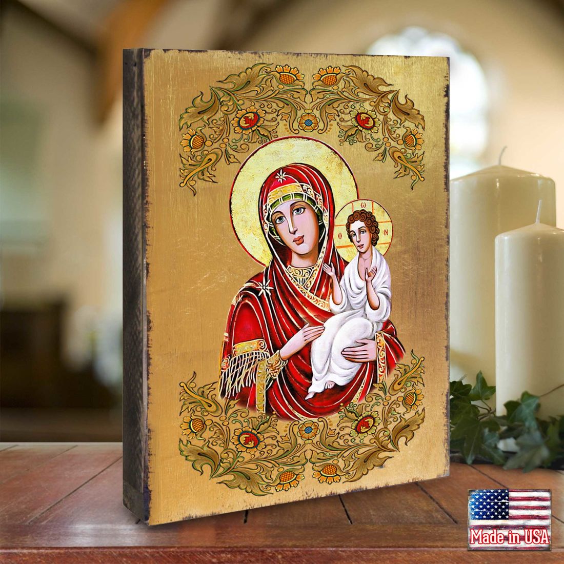Icono sagrado ortodoxo religioso de madera bañado en oro de la Virgen María Directora - Decoración inspiradora - 85029