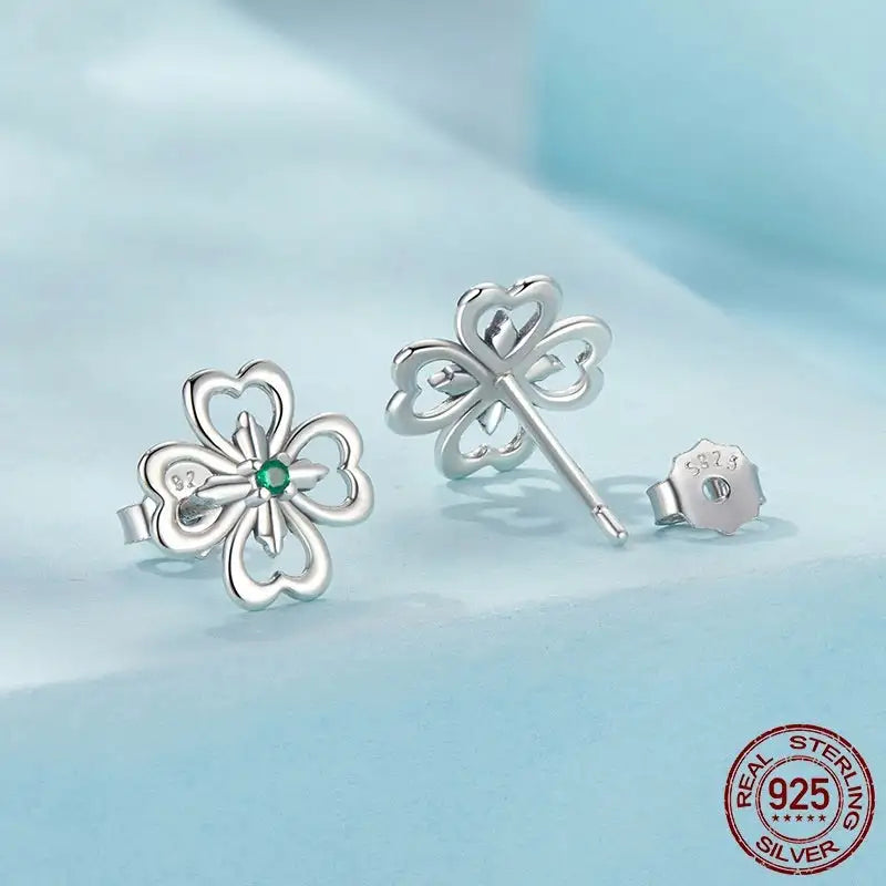 Lucky Four-Leaf Clover Stud Earrings Sterling Silver Plant - Lootquake