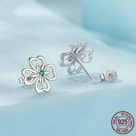 Lucky Four-Leaf Clover Stud Earrings Sterling Silver Plant - Lootquake