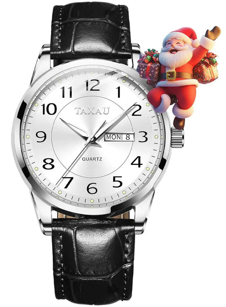 Mens Watch Black Leather Watch White Large Face Business Casual Mens Watches Arabic Number Dial Fashion Simple Dress Mens Wrist Watches Day Date Water Resistant Wrist Watches for Men Reloj Hombre - Lootquake