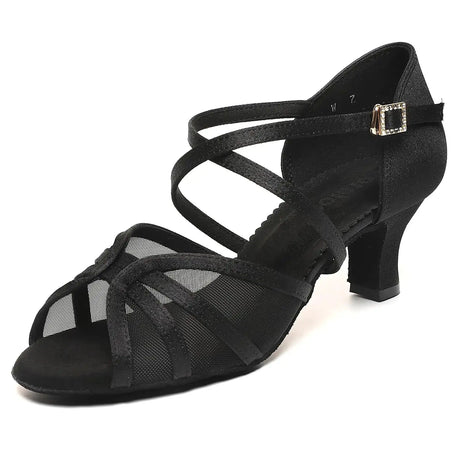foralod Mesh Woman Latin Dance Shoes Low Heels Salsa Shoes for Women Dancing Ballroom Dance Shoes Satin Prom Shoes Black - Lootquake