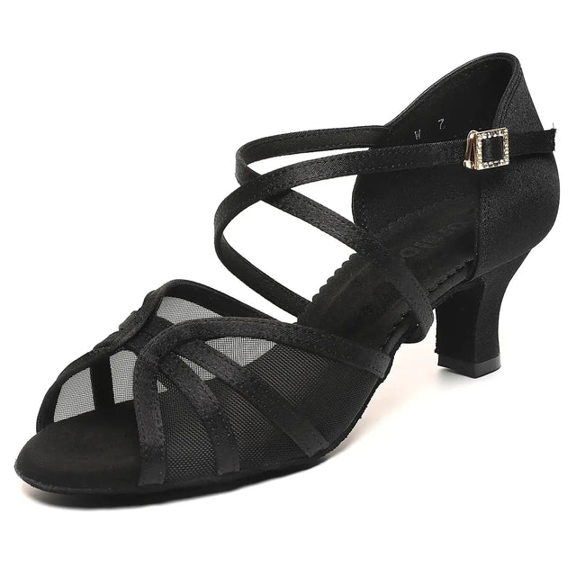 foralod Mesh Woman Latin Dance Shoes Low Heels Salsa Shoes for Women Dancing Ballroom Dance Shoes Satin Prom Shoes Black - Lootquake