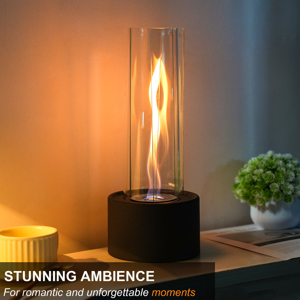 Cylindrical Bioethanol Vented-Free Fireplace – Tabletop Clean-Burning Design with Tempered Glass & Fire Snuffer-0