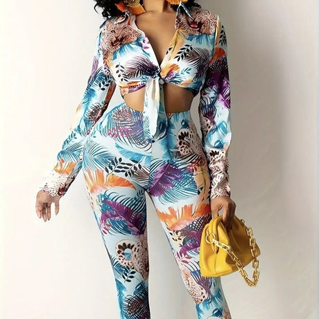 Women's Plant Animal Print Long Sleeved Lace Up Top And Slim Fit Pants Two-piece Pants Set - Lootquake