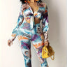 Women's Plant Animal Print Long Sleeved Lace Up Top And Slim Fit Pants Two-piece Pants Set - Lootquake