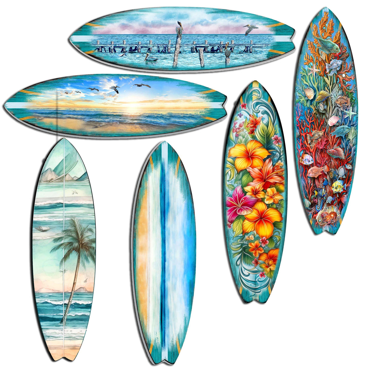 Juego de 6 imanes decorativos de madera con forma de tabla de surf de G. Debrekht - Decoración costera - 8090066G-S6