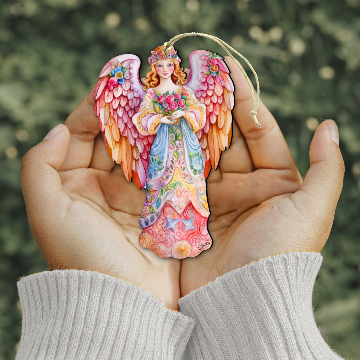 Pink Floral Angel Wooden Ornaments by G. DeBrekht Nativity Holiday Decor - 8611023