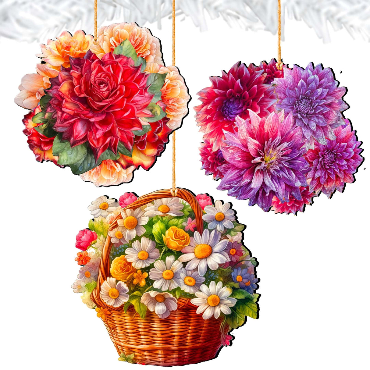 Flower Bouquets Decorative Wooden Ornaments Set of 3 by G. Debrekht - Love Family Decor - 8091076-2-S3