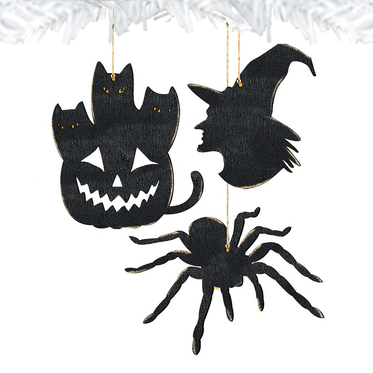 Halloween Wooden Ornaments-Pumpkin, Witch Hat, Spider-Set of 3 - Thanksgiving Halloween Decor - 8100186S3