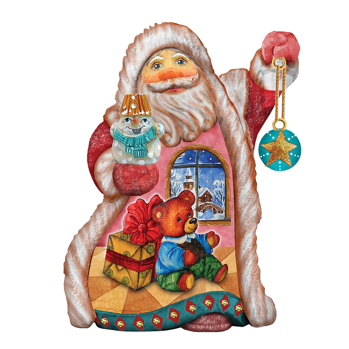 Figura navideña de osito de peluche esculpida y pintada a mano por G. DeBrekht - Decoración navideña de muñeco de nieve de Papá Noel - 661531