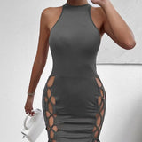 Women's Solid Color Sleeveless Skirt With Slit And Cross Tie, Sexy Tight Fitting Hip Hugging Dress, Short Skirt - Lootquake