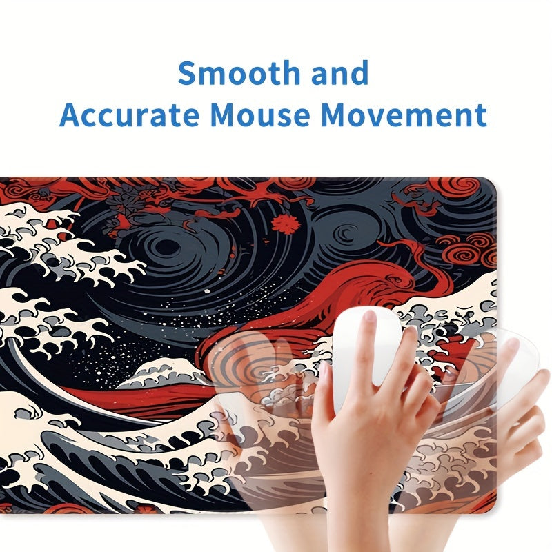 Grand tapis de souris de jeu Red Wave – Tapis de bureau en caoutchouc antidérapant avec bords cousus avec précision, lavable, forme rectangulaire oblongue pour l'eSport et le bureau