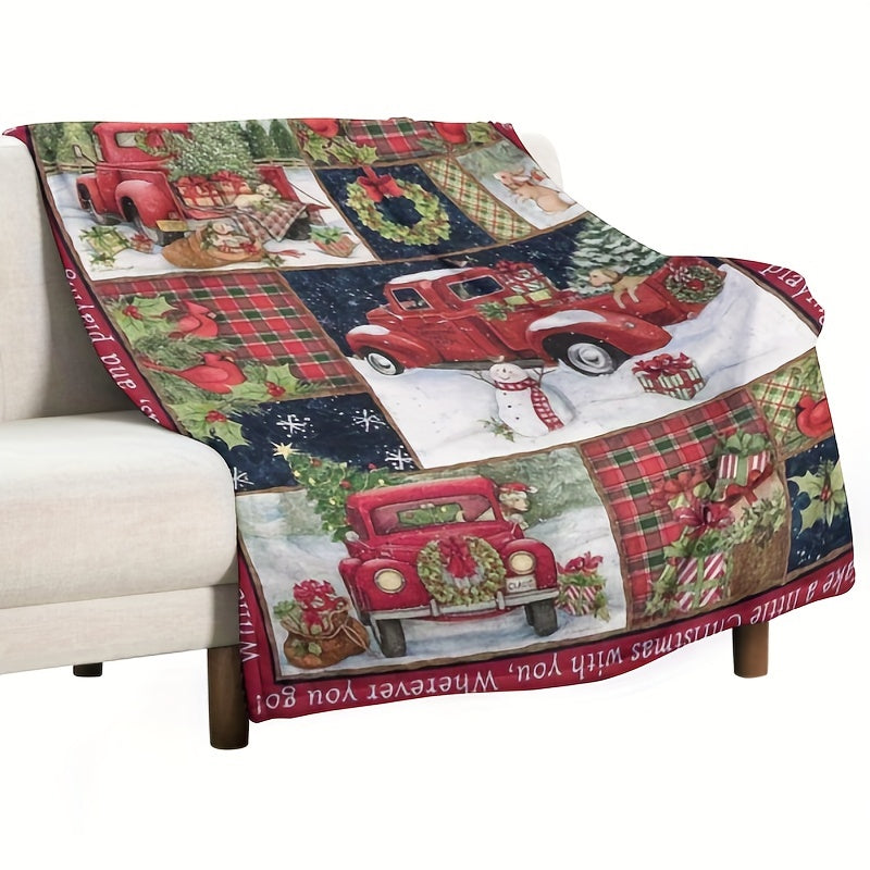 1pc Cozy Christmas Car Print Flannel Blanket - Ultra-Soft, Warm, and Lightweight Throw Blanket for Couch, Sofa, Office, Bed, Camping, and Travel - Multi-Purpose, All-Season Gift Blanket for Family and Friends with Versatile U