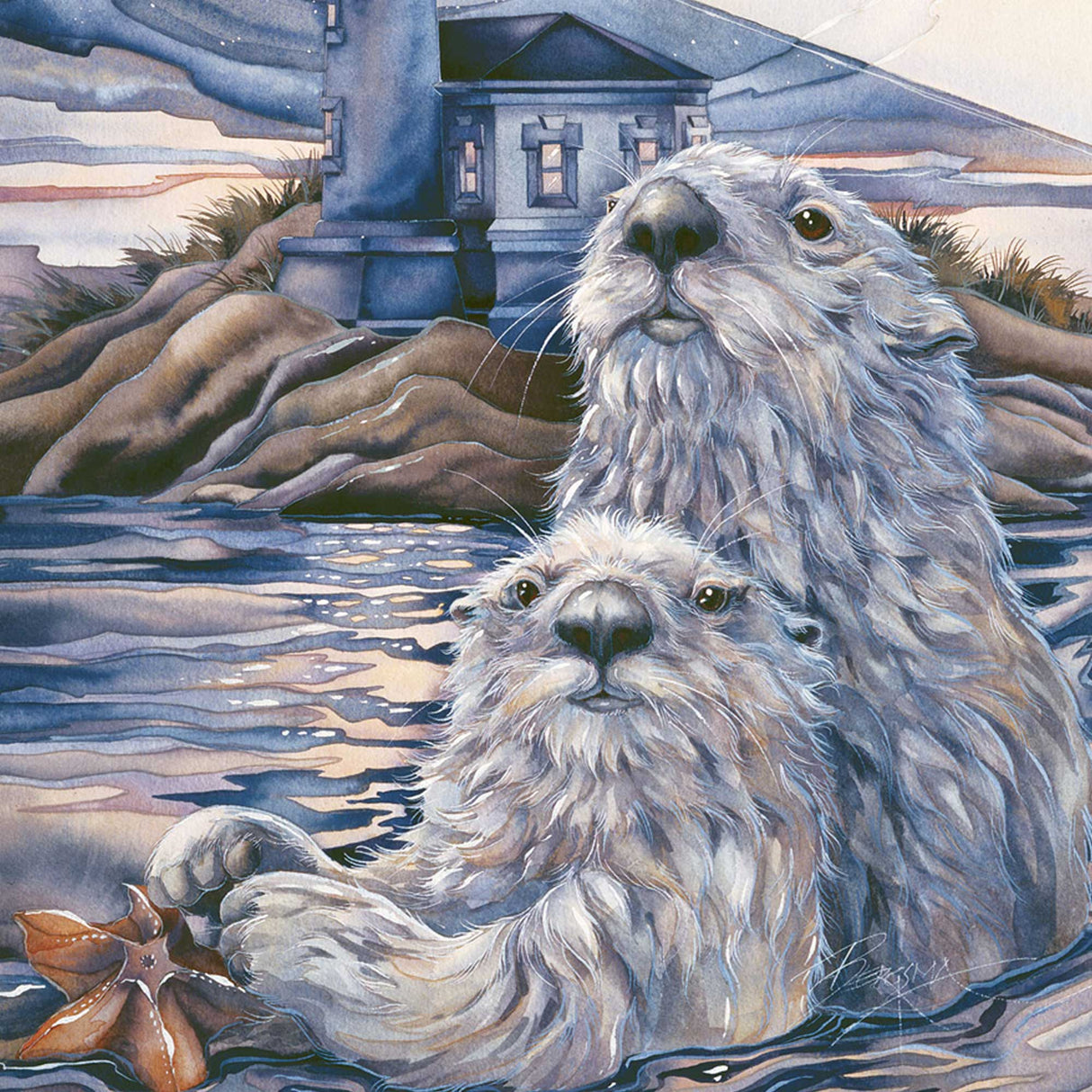 Starlight Otter Lighthouse Wooden Wall Art by J. Bergsma - Nature Wildlife Décor  - 85922572B-JB