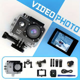 Caméra d'action HD 1080p avec objectif ultra grand angle 140°, exposition automatique, stabilisation numérique, effet fisheye, batterie rechargeable, stockage sur carte SD, format vidéo MP4 pour les prises de vue sportives en extérieur