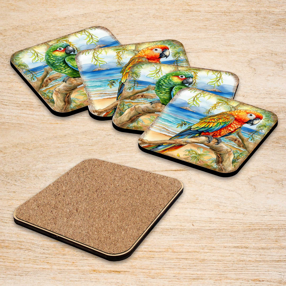 Parrots Wooden Cork Coasters Gift Set of 4 by G. Debrekht - Coastal Holiday Decor  - 8199451C-S4