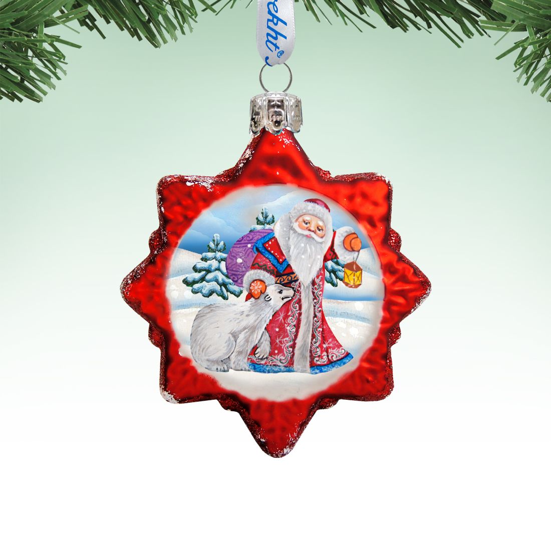 Adorno de vidrio de mercurio de Papá Noel con oso polar de G. DeBrekht - Decoración navideña de Papá Noel y muñeco de nieve - 773011