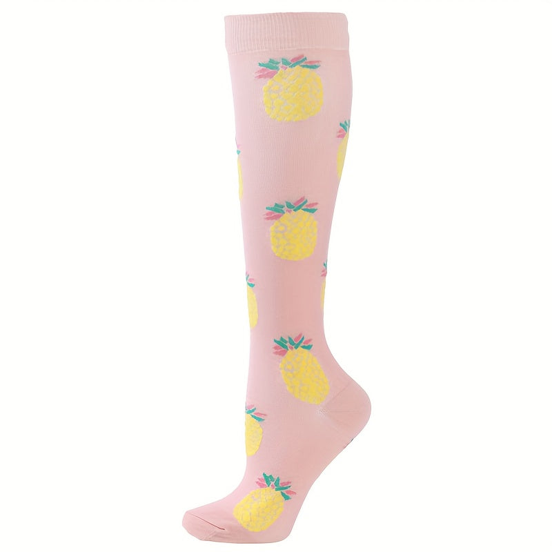 1 Pair of Stylish Striped Compression Socks for Women - Breathable, Comfortable, and Protective Ankle and Calf Support for All-Season Wear - Hand Wash Only, Nylon Blend Knit Fabric