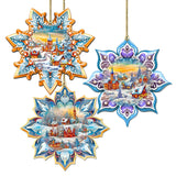 Winter Village Snowflake Wooden Ornaments Set of 3 by G. Debrekht - Christmas Decor - 8090146-S3
