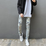 Handmade Splash-ink Blue Diamond Ripped Jeans - Lootquake