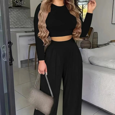 Women's Solid Color Two-piece Solid Exposed Navel Long Sleeved T-shirt And High Waist Wide Leg Pants Set - Lootquake