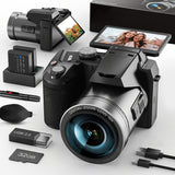 Appareil photo numérique NBD 64 MP pour la photographie et la vidéo, caméra de vlogging 4K avec écran rabattable de 3 pouces, zoom numérique 16x, Wi-Fi et autofocus, dragonne et trépied, 2 piles, carte TF 32 Go