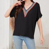 Women's Loose Fit Short Sleeved Breathable Casual Lace V-neck Shirt Top - Lootquake