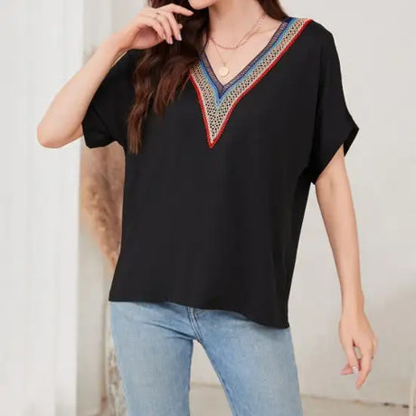 Women's Loose Fit Short Sleeved Breathable Casual Lace V-neck Shirt Top - Lootquake