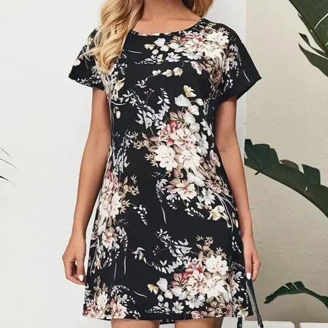 Ladies' Batwing Sleeve Floral Print Waist With Casual Pullover Round Neck Short Sleeved Skirt - Lootquake