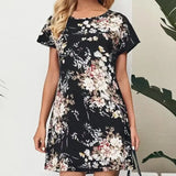 Ladies' Batwing Sleeve Floral Print Waist With Casual Pullover Round Neck Short Sleeved Skirt - Lootquake