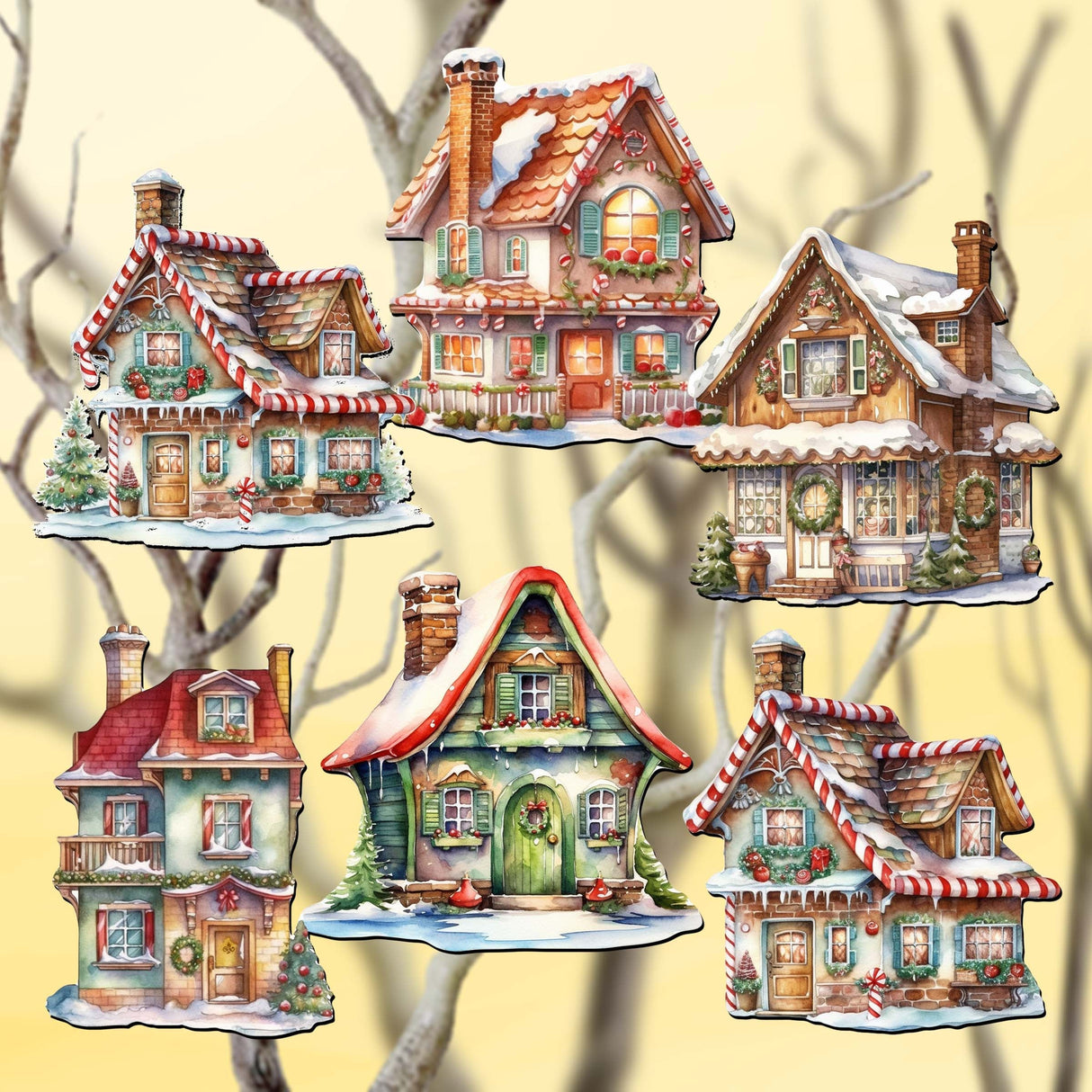 Dream Houses Decorative Wooden Clip-on Ornaments Set of 6 by G. Debrekht - Christmas Decor - 8090029C-S6