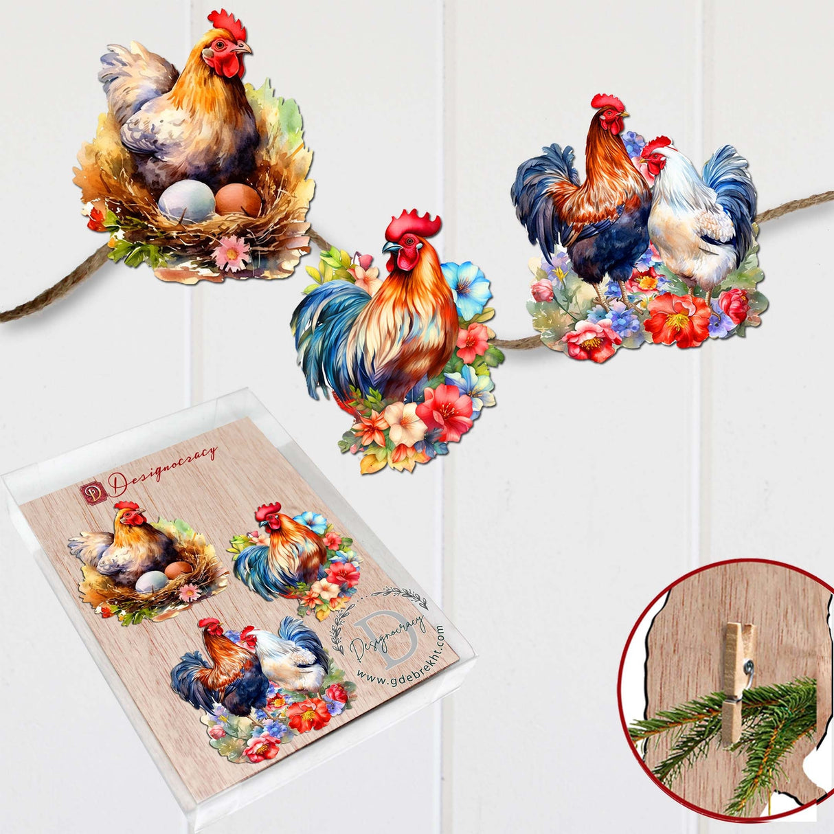 Spring on the Farm Decorative Wooden Clip-on Ornaments Set of 3 by G. Debrekht - Easter Decor - 8091056C-S3
