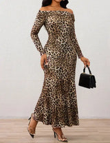 Ladies' Leopard Print One Neck Off Shoulder Slim Fit Bag With Wide Hips, Relaxed Flower Petal Skirt Hem, Date Party Party Dress - Lootquake
