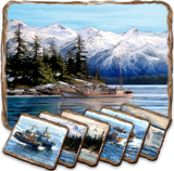 Fishing Boats Wooden Cork Placemat and Coasters Gift Set of 7 by Nature Wonders Coastal Wildlife Decor  - 85405C-S7