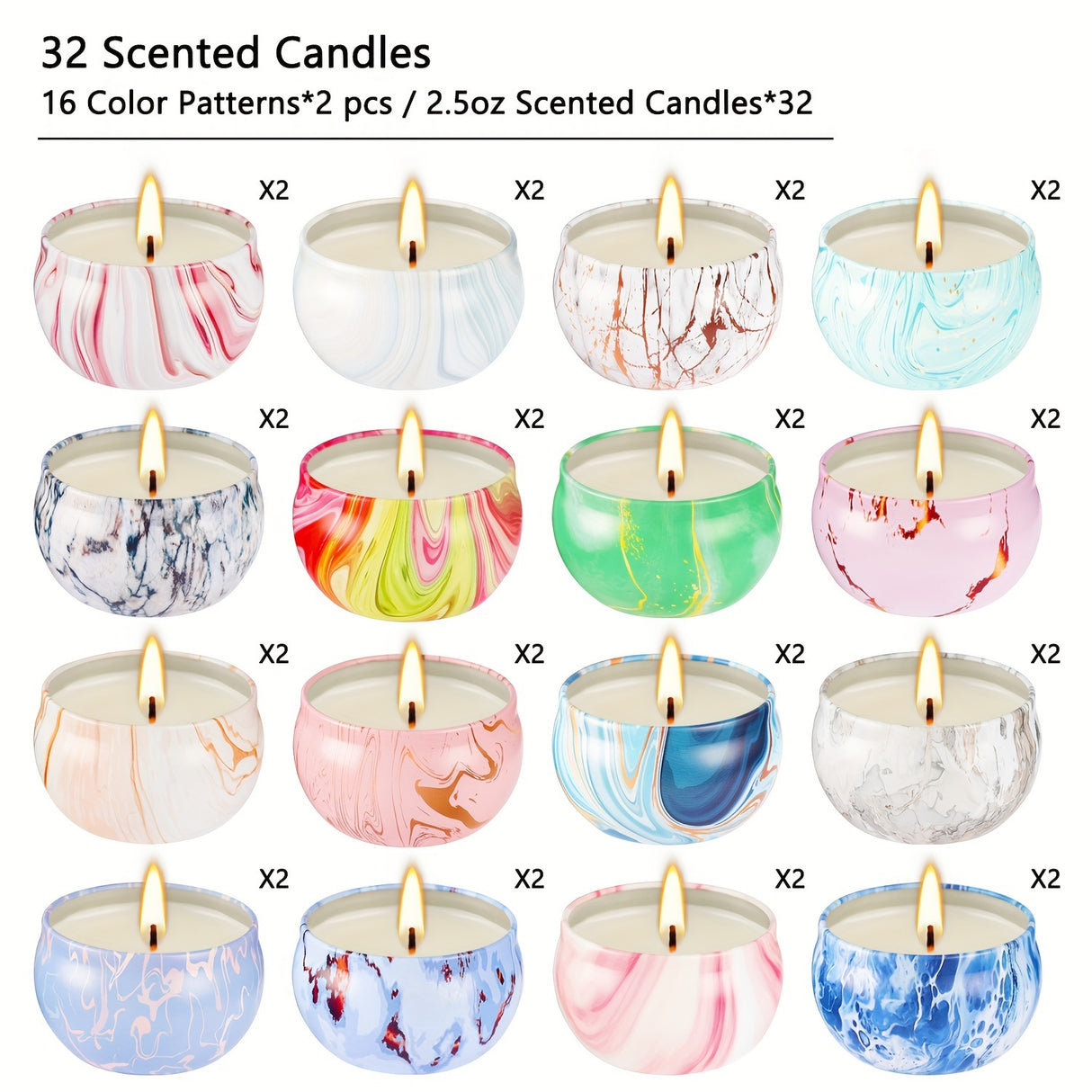 4*6cm [1.57*2.37in] 2.5oz*32, Marbled Jar Candle, Each Pattern Has Its Own Characteristics, Colorful, Beautiful. This Scented Candle Is Widely Used For Holiday Gifts And Home Renovations. Note: No Open Flame Heating