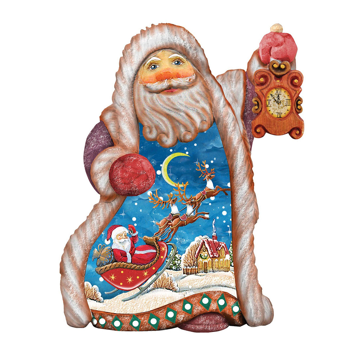 Figura navideña esculpida y pintada a mano de un paseo en trineo de Papá Noel por G. DeBrekht - Decoración navideña de muñeco de nieve de Papá Noel - 661521