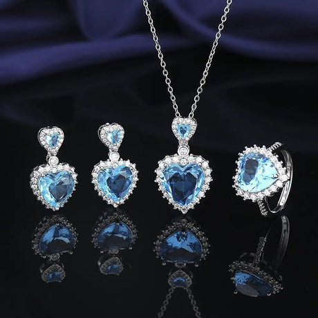 European And American Aquamarine Colored Gems Necklace Ear Stud Ring Women's - Lootquake