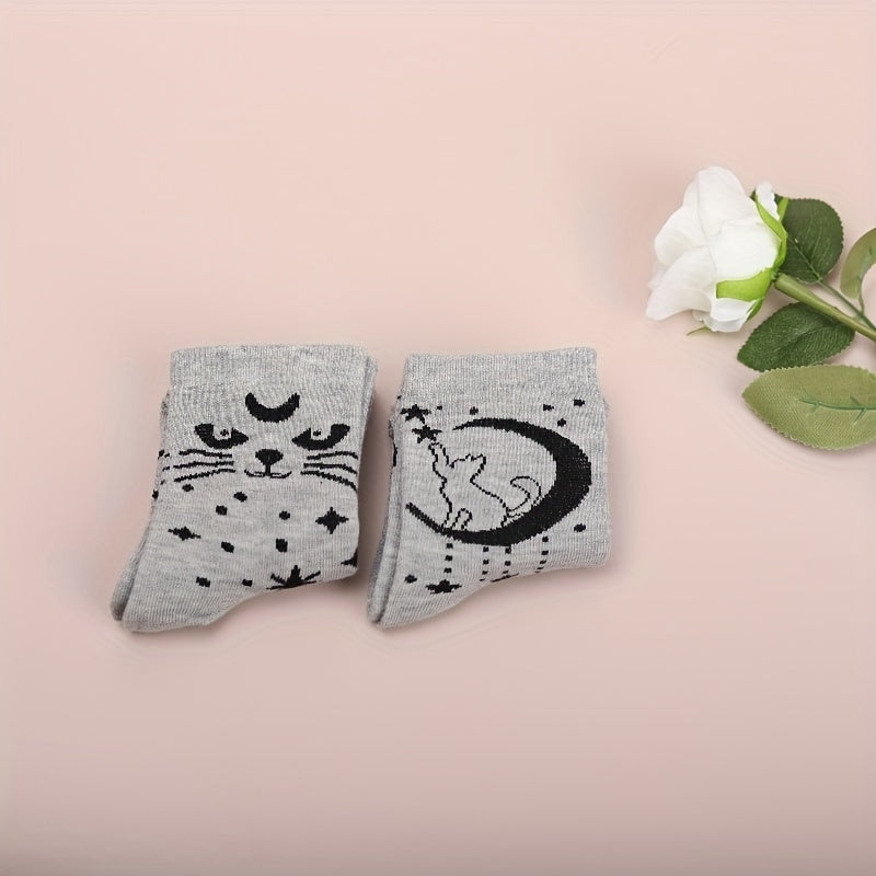 2 pares de calcetines con estampado de estrellas y lunas, cómodos y transpirables, medias de tubo medio para mujer.