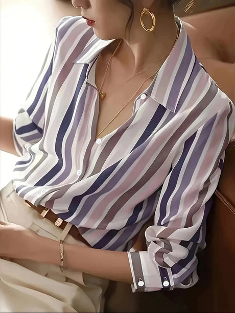Ladies' Long-sleeved Striped Printed Versatile Casual Shirt - Lootquake