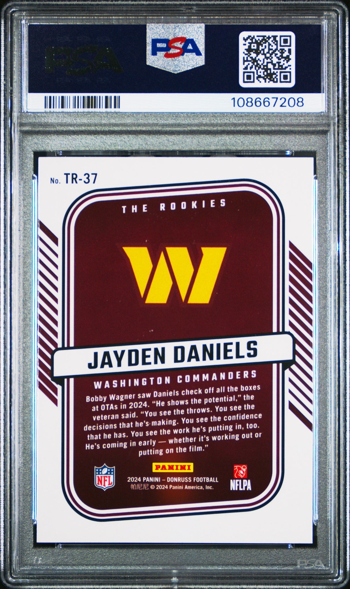 Tarjeta de fútbol RC de novato de Panini Donruss Jayden Daniels n.° TR37 de The Rookies, clasificada en 2024, PSA 10 Gem Mint