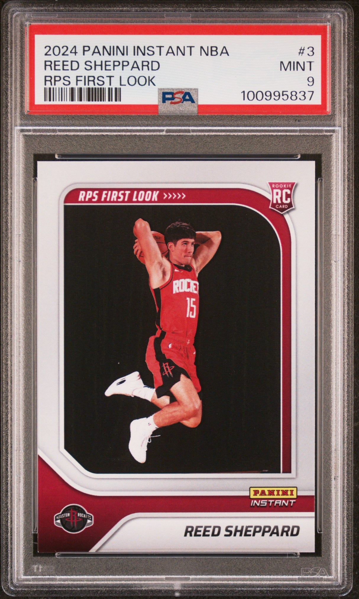 Tarjeta de baloncesto Panini Instant NBA Reed Sheppard #3 RPS First Look Rookie RC de 2024, clasificada, PSA 9 Mint
