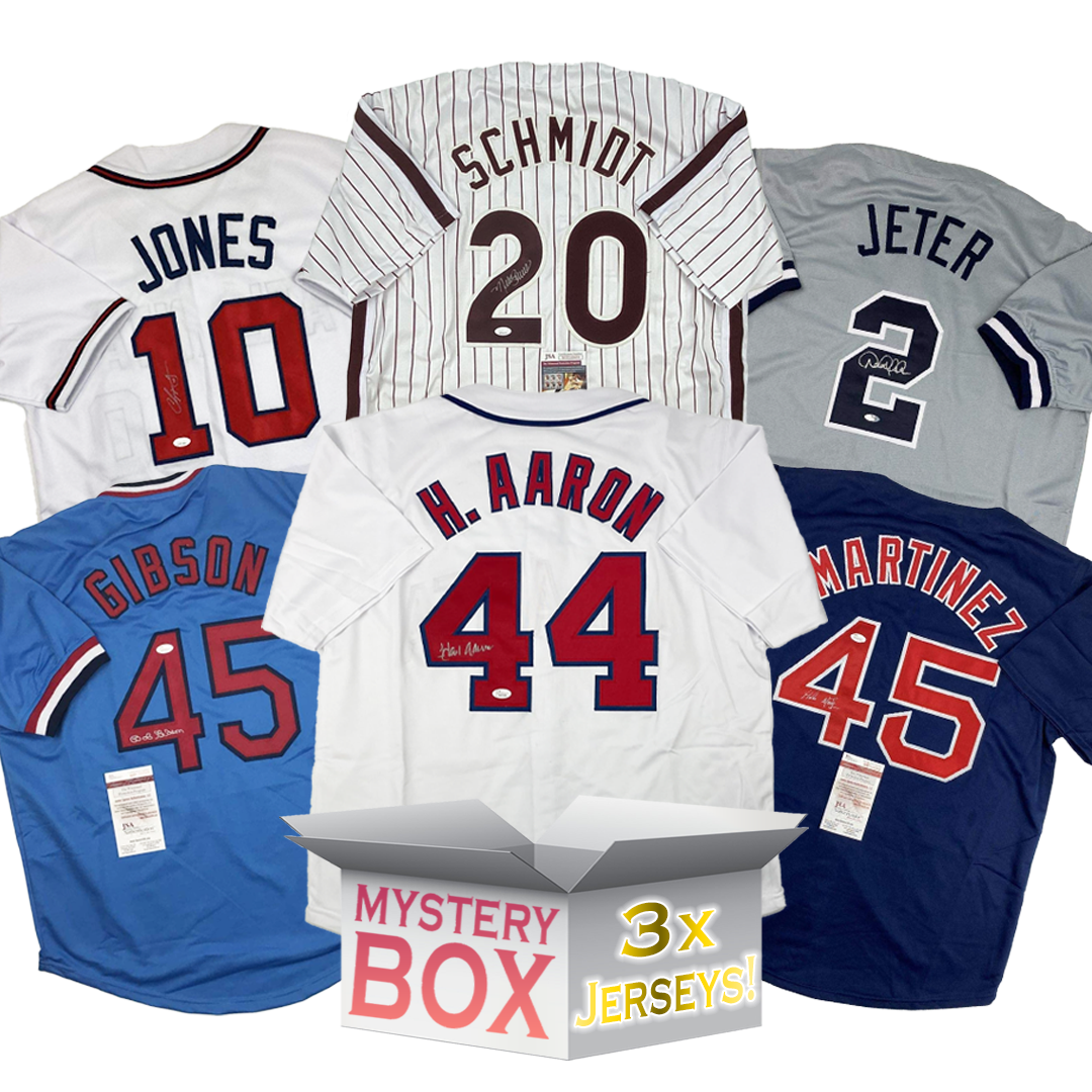 Caja misteriosa con 3 camisetas de béisbol autografiadas/firmadas por miembros del Salón de la Fama con PSA JSA o Beckett COA 