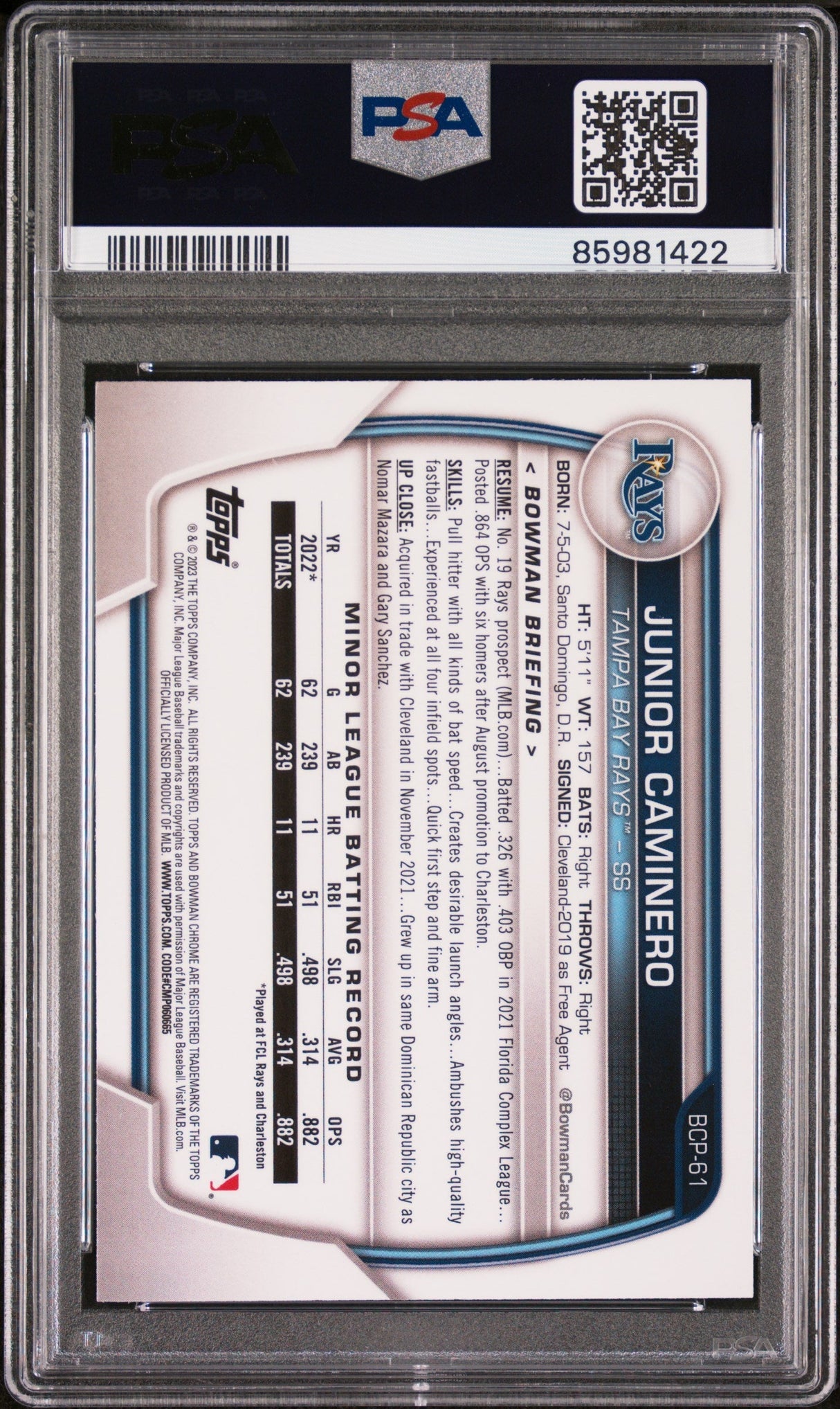 Tarjeta de béisbol Topps Bowman Junior Caminero #BCP61 Chrome Prospects Rookie RC PSA 10 Gem Mint, clasificada en 2023