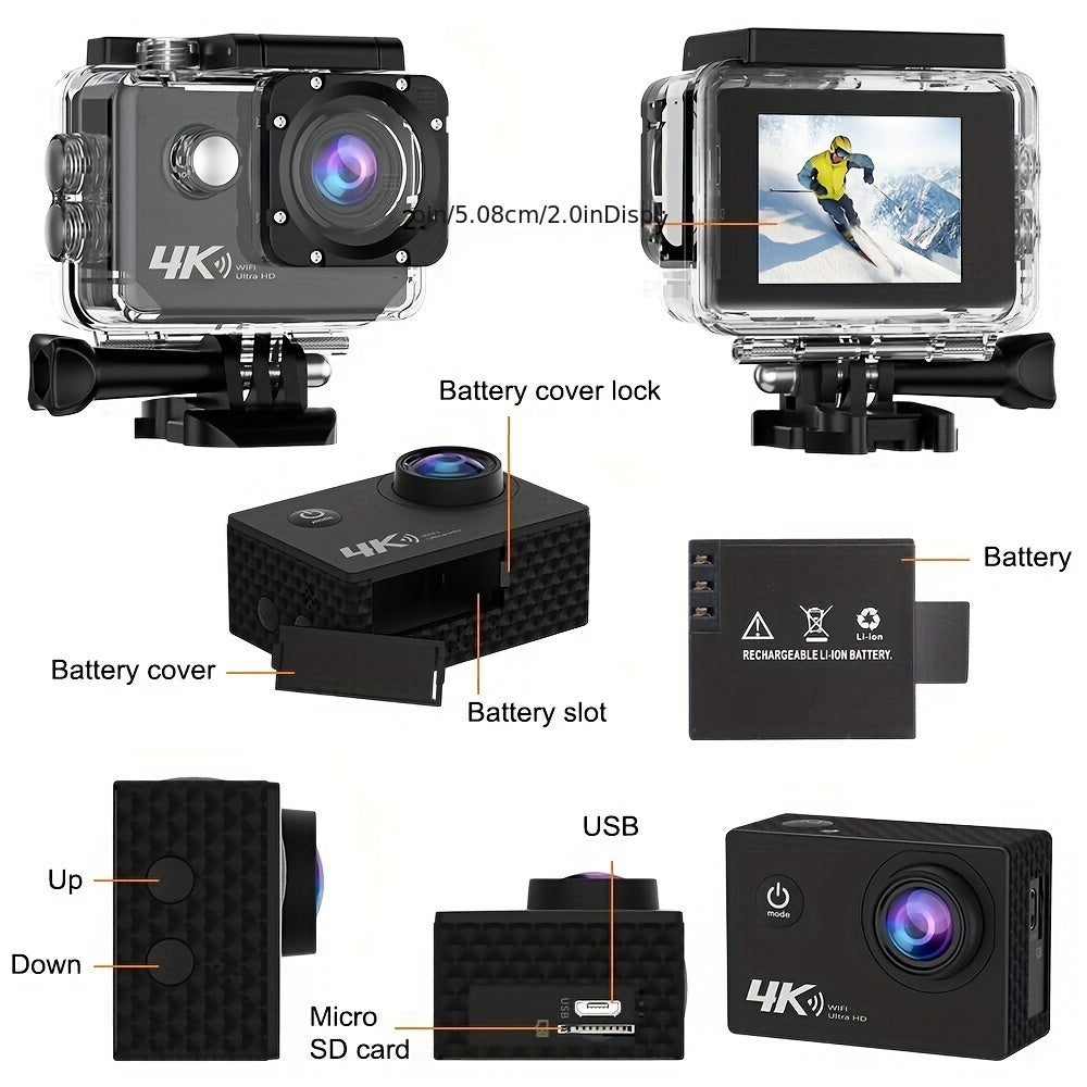 Ourlife 4K Ultra HD Action Camera with WiFi, 32GB Memory Card Included, Transparent Underwater Sports Camera, Digital Zoom, Automatic Focus, LCD Display, Rechargeable Battery, Ideal for Outdoor Adventures, Underwater Photogra