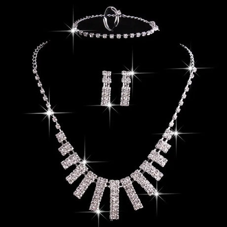 4 Pieces Rhinestones Necklace Set With Earrings Ring And Bracelet Fashion Jewelry For Women - Lootquake