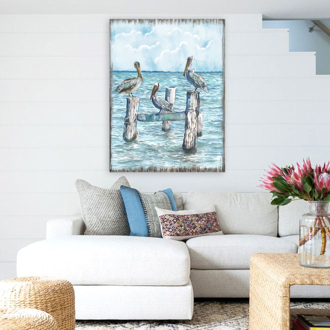 Arte de pared costero de madera "Pelícanos esperando una captura" de Nature Wonders - Decoración costera de vida marina - 95252-5B