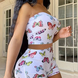 Ladies' Fashionable And Casual Slim Fit Butterfly Print Chest Wrapped Top And Shorts Set - Lootquake
