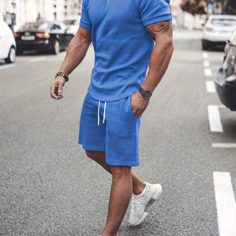 Men's Outfit, Solid Casual Crew Neck Short Sleeve T-Shirt & Drawstring Shorts 2-piece Set For Summer Outdoor Activities - Lootquake